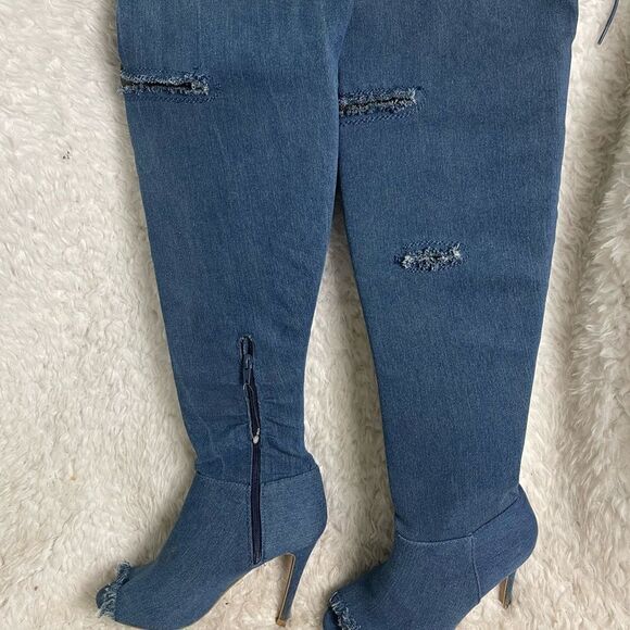 Wild Diva over the knee Denim 4”heels boots peep toe side zipper size 5.5 - Picture 1 of 10